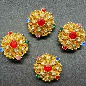 4 Vintage Gold Tone Multicolor Rhinestone Button Covers